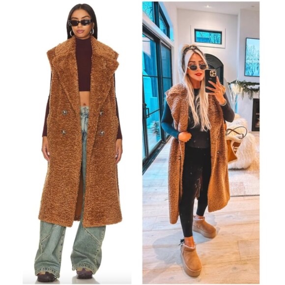 Free People Cozy Time Faux Fur Longline Vest Cashew Large NWT - Picture 2 of 15